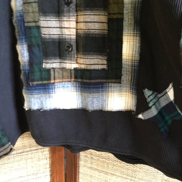 Upcycled Waffle Knit Hoodie: Plus Size XL-2X, Plaid Patches & Appliquéd Stars - Picture 10 of 13